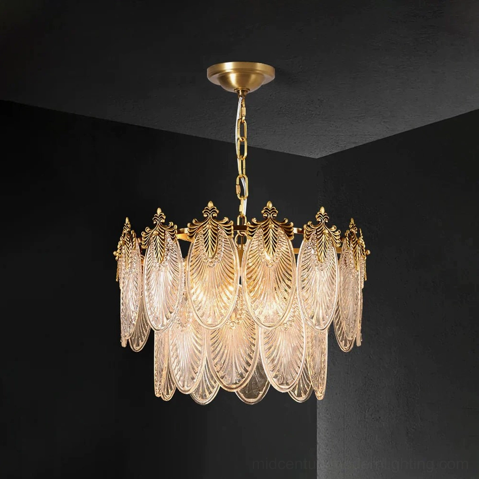 Standard size brass leaves chandelier (45cm diameter) in polished brass with tiered glass leaves, ideal for bedrooms and smaller foyers