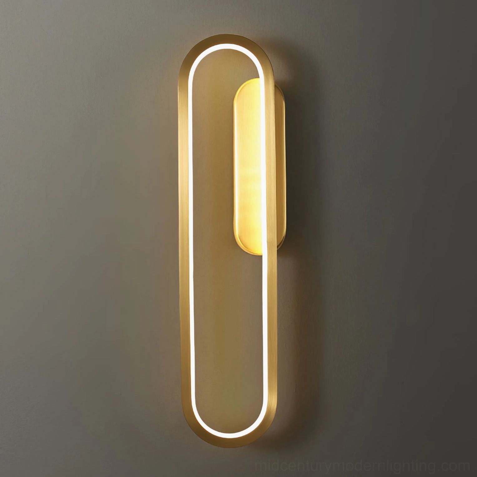 Starkey wall lamp front view showing dual lighting effect with white outer LED strip and warm central light