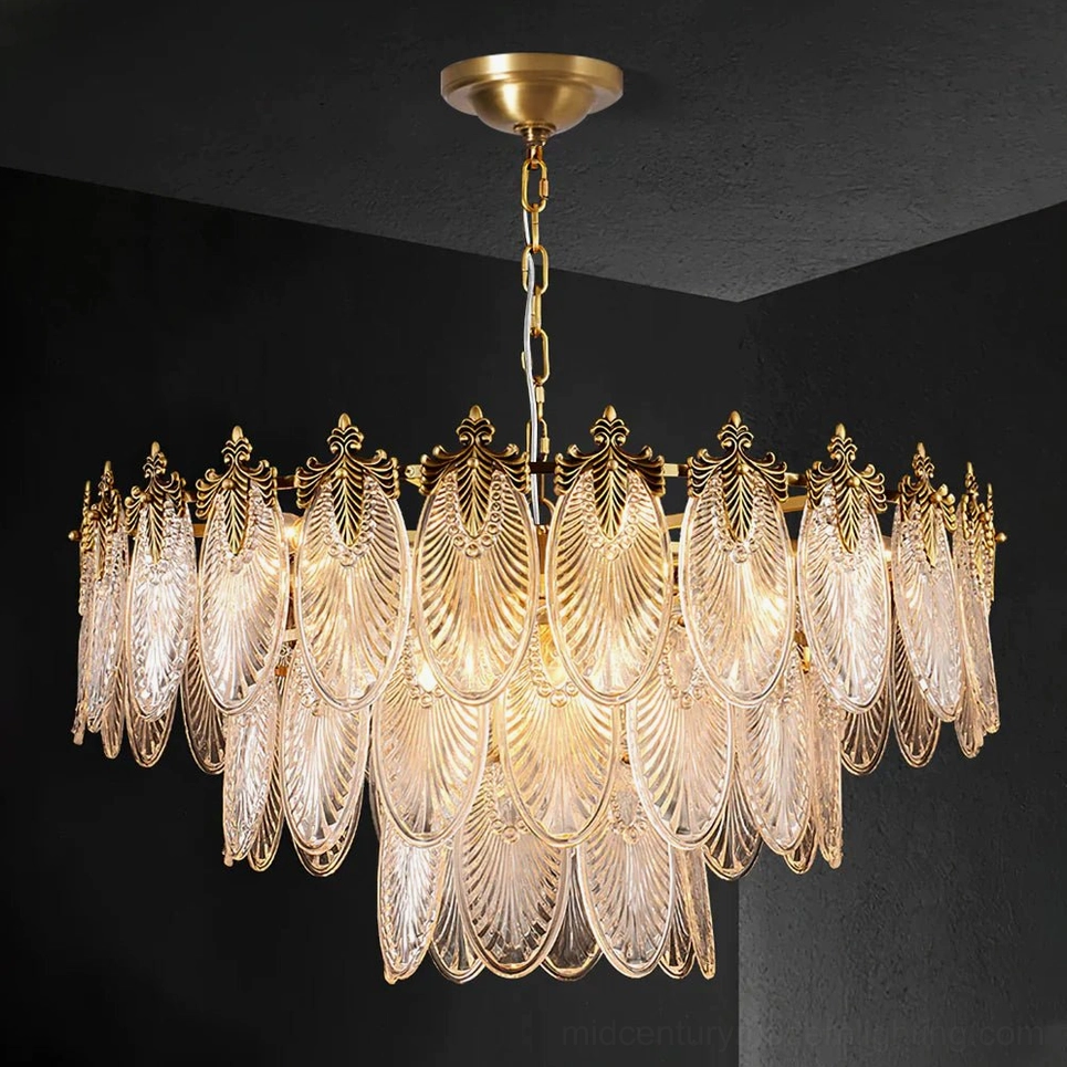 Statement size brass leaves chandelier (80cm diameter) showing three brass rings with acanthus leaf details and carved glass leaves