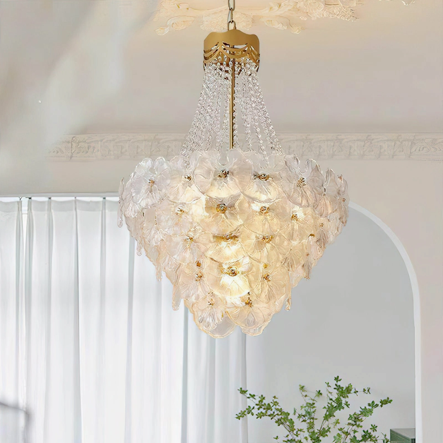 Statement crystal chandelier fixture with multi-tiered construction and elegant neoclassical style gold frame