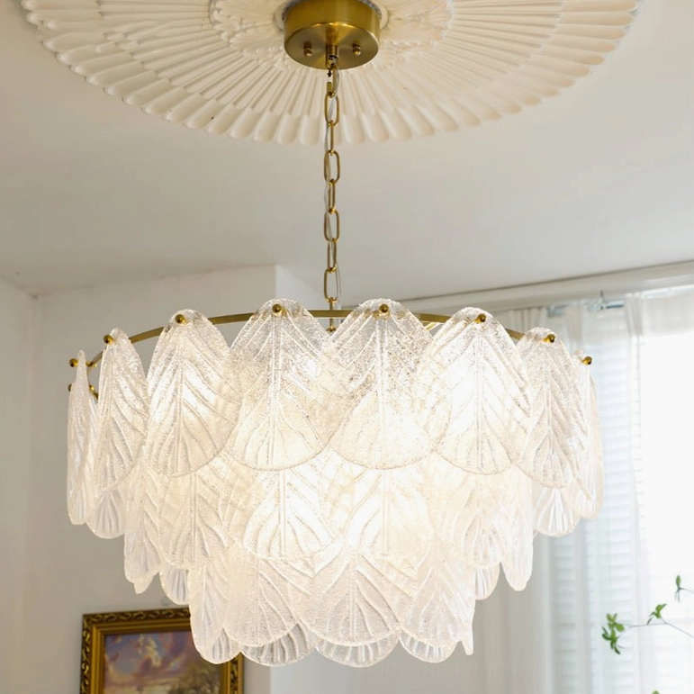 Statement four-layer tiered glass leaf chandelier with warm brass finish, grand mid-century modern pendant lighting for expansive dining rooms and foyers