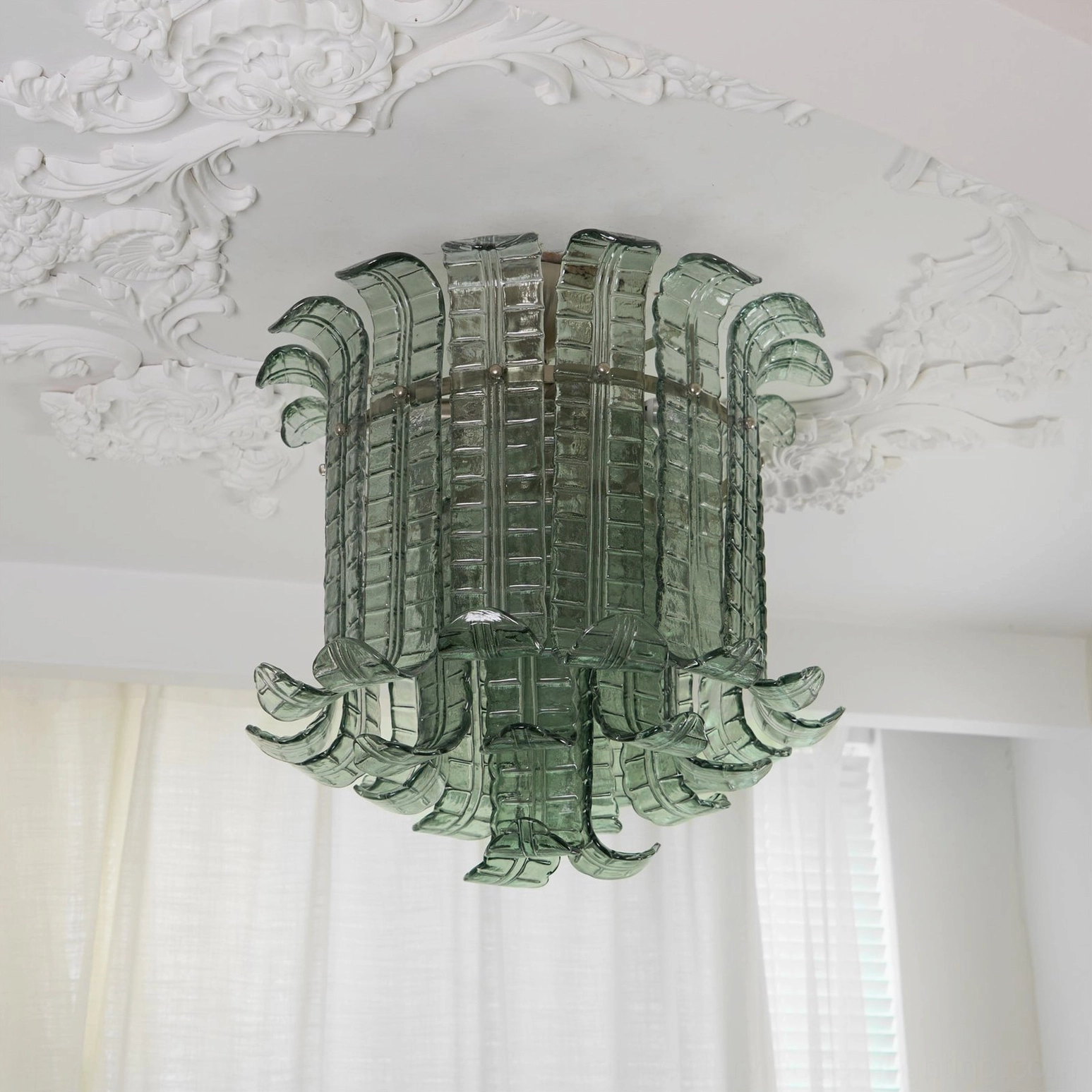 Statement-size Murano glass ceiling lamp, large leaf formations, dramatic mid-century modern fixture