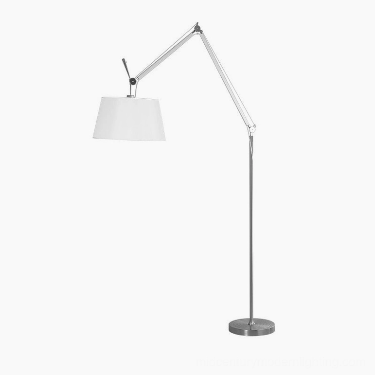 Statement size swing arm floor lamp, fog silver metal construction 40cm reach ideal for large living rooms and lofts