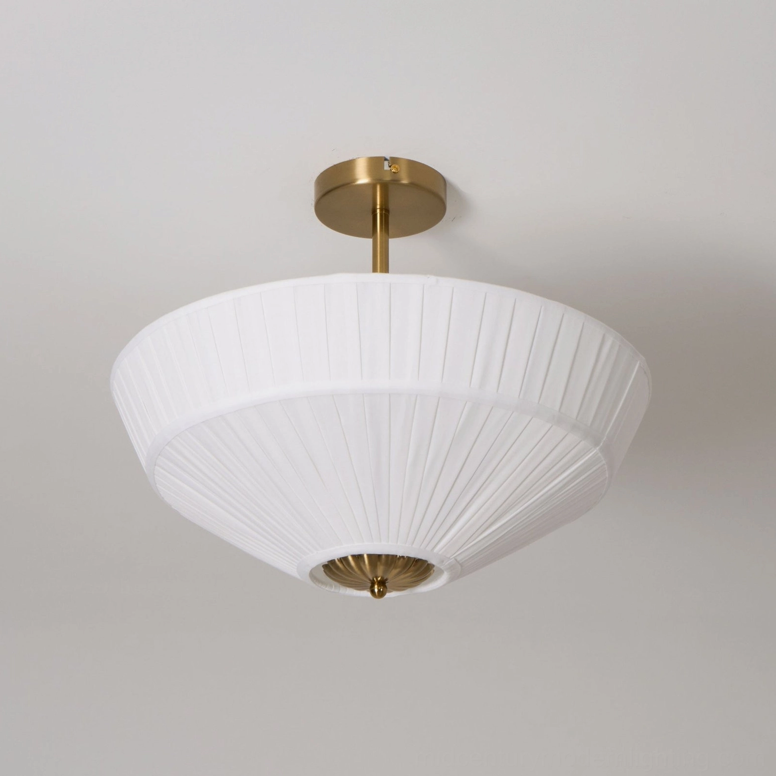 Stefanie mid-century modern ceiling lamp showing pleated fabric texture with warm brass gold hardware