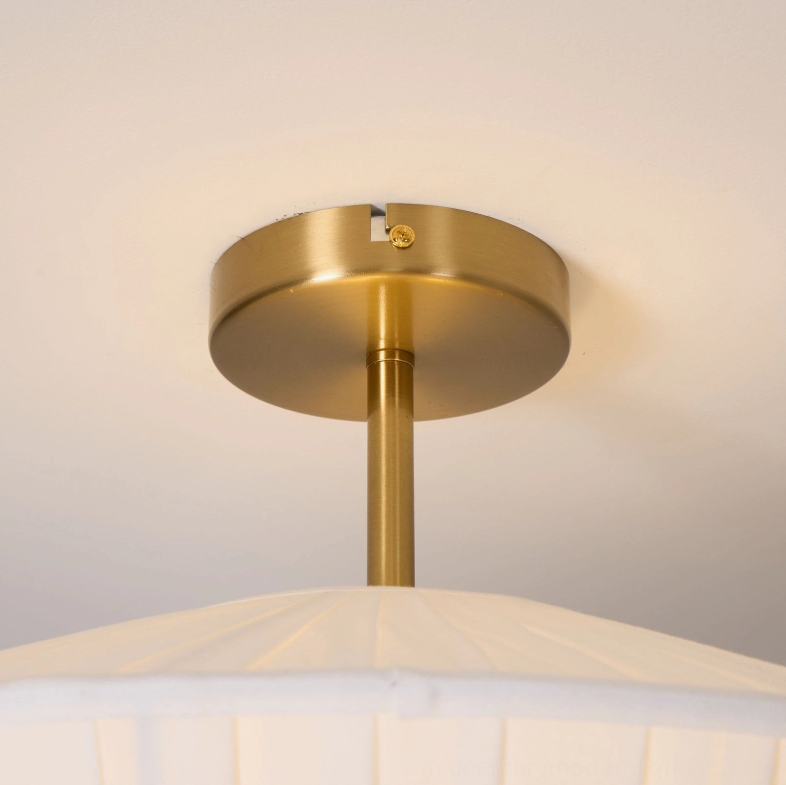 Stefanie mid-century modern ceiling lamp with fine pleated fabric shade and ornate brass gold base mounting