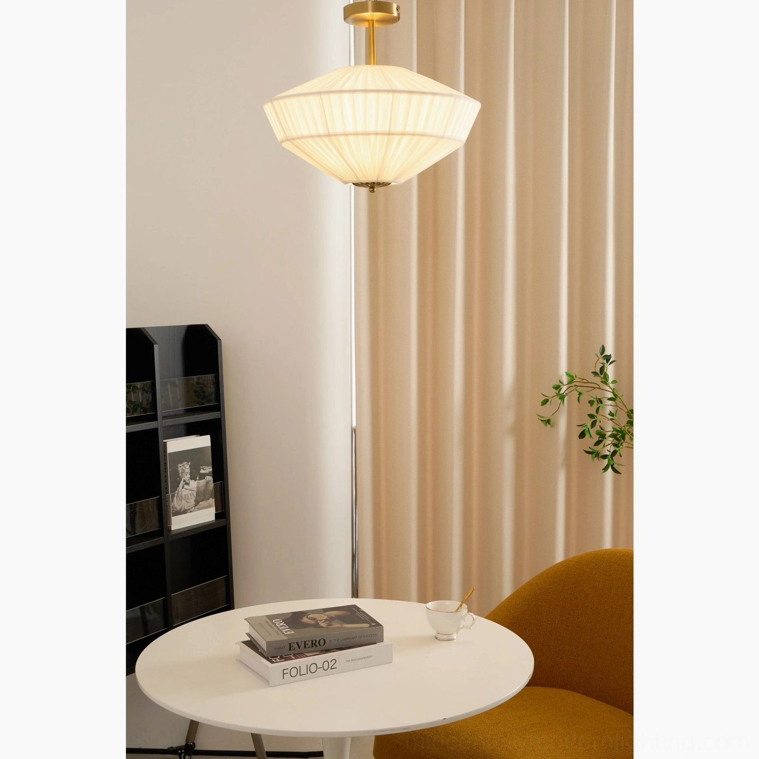 Stefanie mid-century modern pleated ceiling lamp with gold brass accents in minimalist interior design
