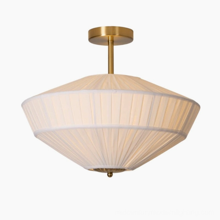 Stefanie Model B large pleated semi-flush ceiling lamp 17.7 inch diameter white fabric shade with brass gold finish