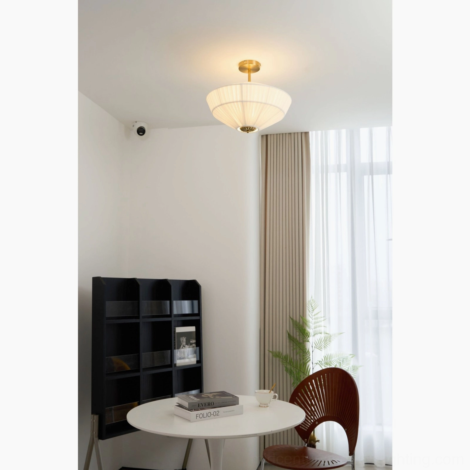 Stefanie semi-flush mount ceiling lamp Model B with wide pleated off-white shade and ornate brass mounting