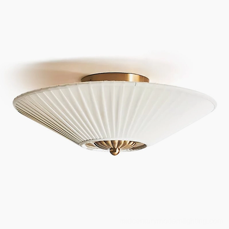 Stefanie pleated ceiling lamp flat conical shade with polished brass top mount, front close-up view against white backdrop