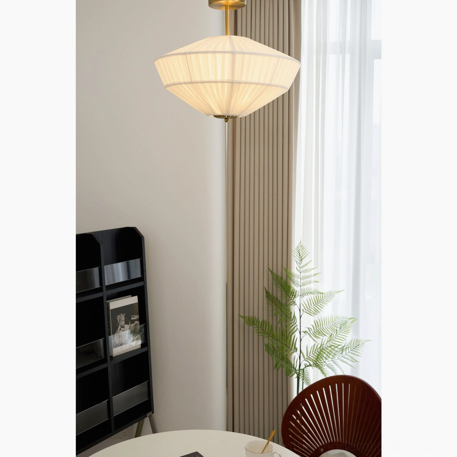 Stefanie pleated fabric ceiling fixture showing scalloped base and sculptural shade silhouette