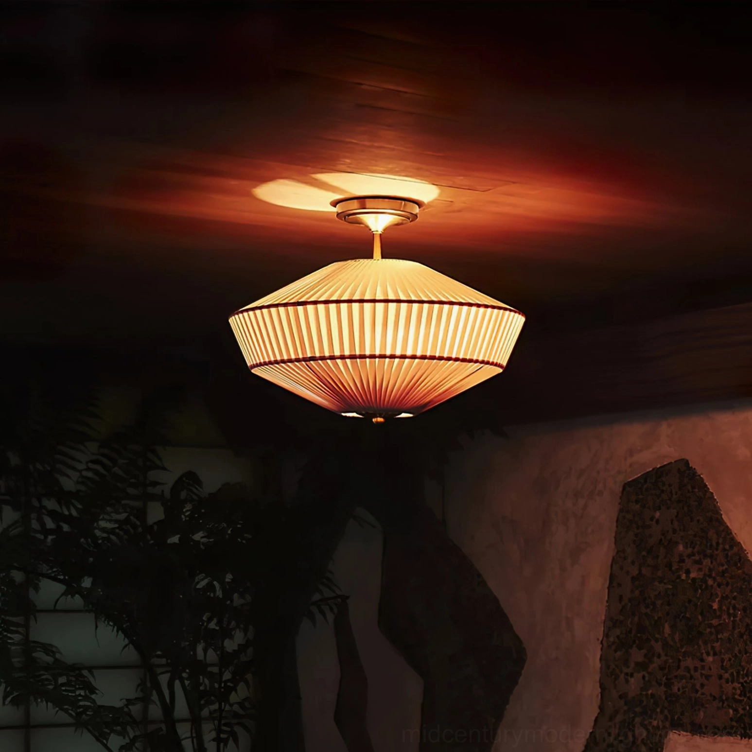 Stefanie semi-flush pleated ceiling lamp with two-tiered shade emitting warm amber light in vintage-style residential room
