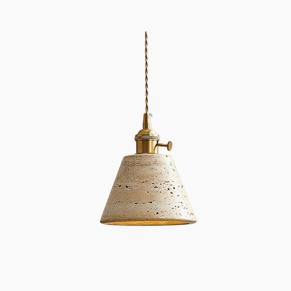 Stella travertine pendant light with conical stone shade and brass hardware, studio close-up showing porous natural stone texture and twisted fabric cord