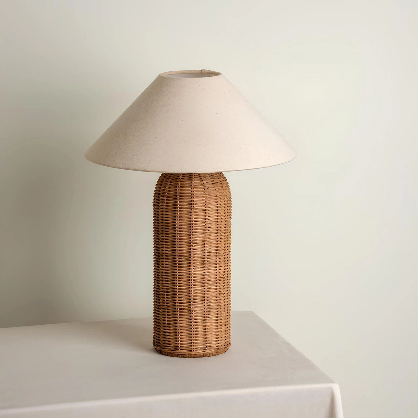 Stellan mid-century modern rattan table lamp detail showing craftsmanship and natural material finishing