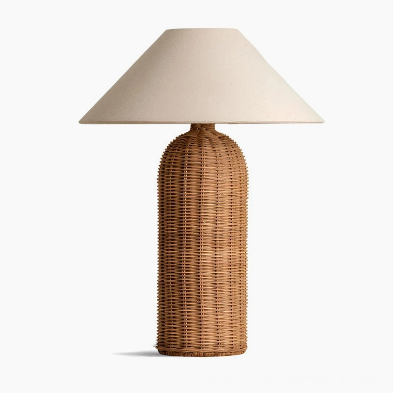 Standard size Stellan rattan table lamp featuring larger proportions, perfect for prominent side table placement