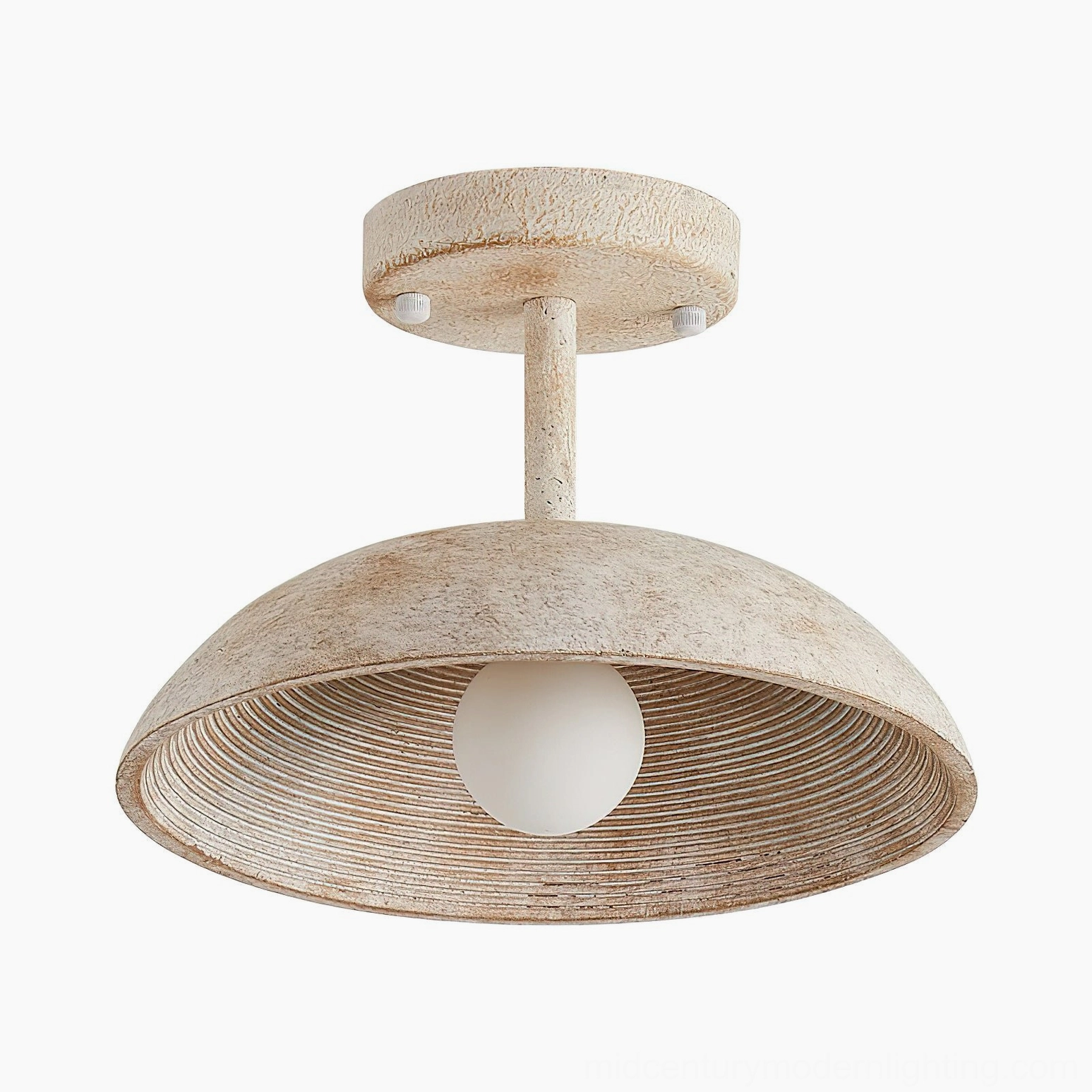 Rear underside view of Stevie ceiling light showing mounting hardware, ribbed shade interior, and spherical bulb cover