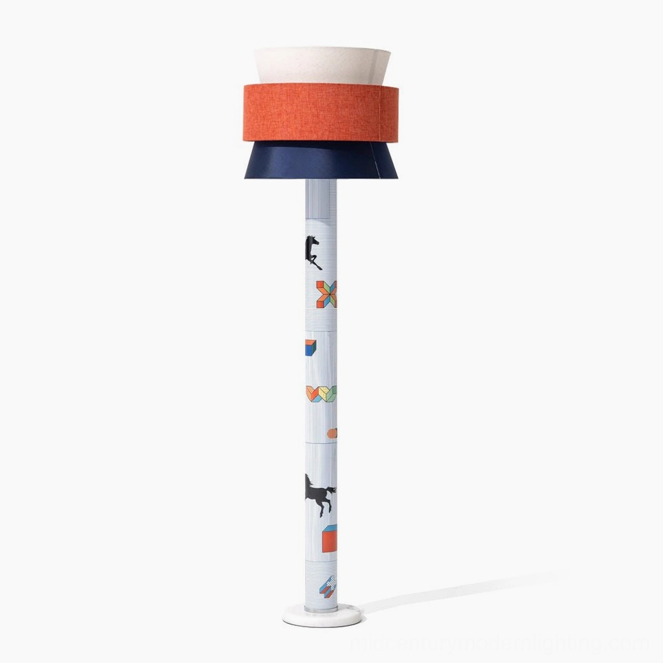 Striped Pony Floor Lamp with blue and orange layered linen shade and printed equine pole on marble base, front studio view