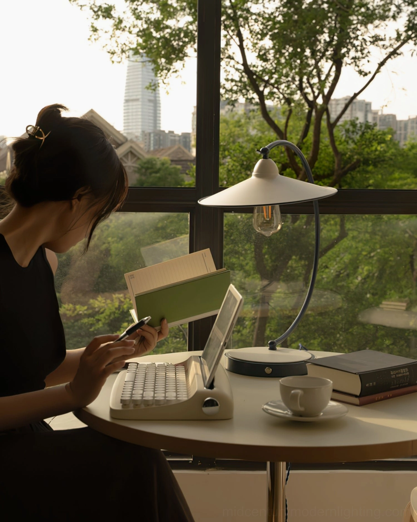 Swan Blue Table Lamp in home office with outdoor green view - eye-level side view with female model working and reading