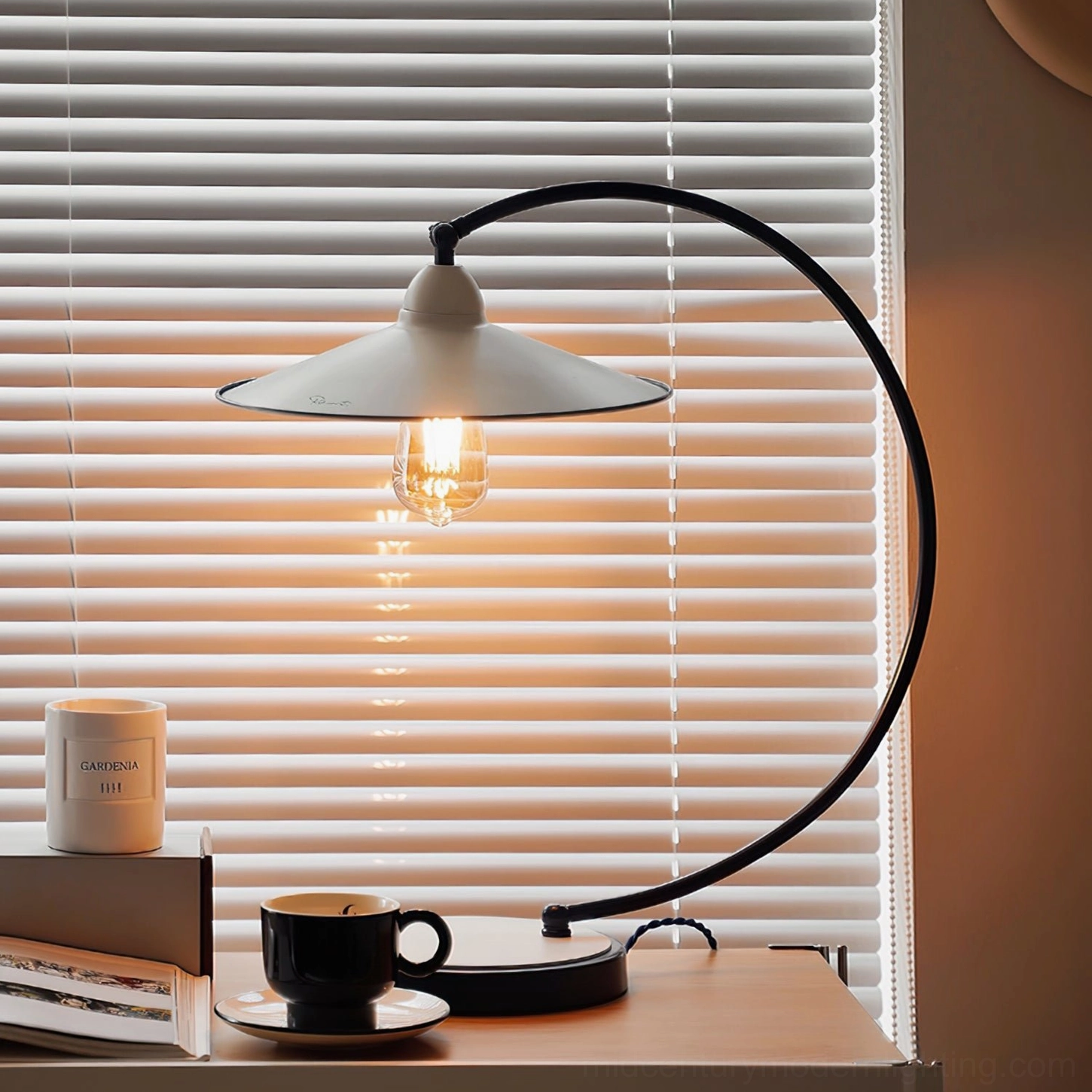 Swan Blue Table Lamp color options - side-by-side comparison of blue and white enamel finishes