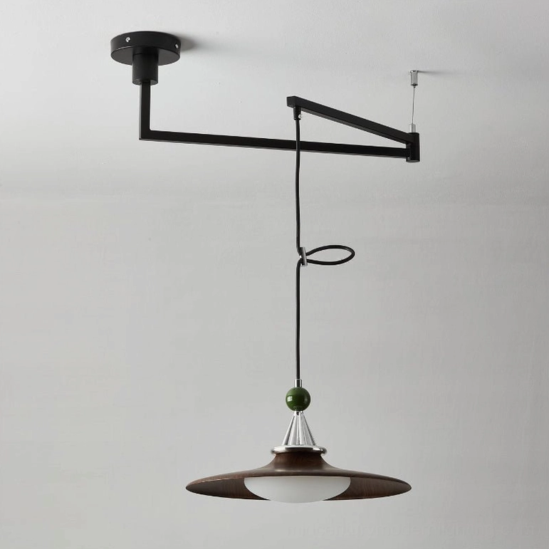 Eden swing arm pendant light in walnut finish paired with complementary mid-century modern furniture and warm wood tones