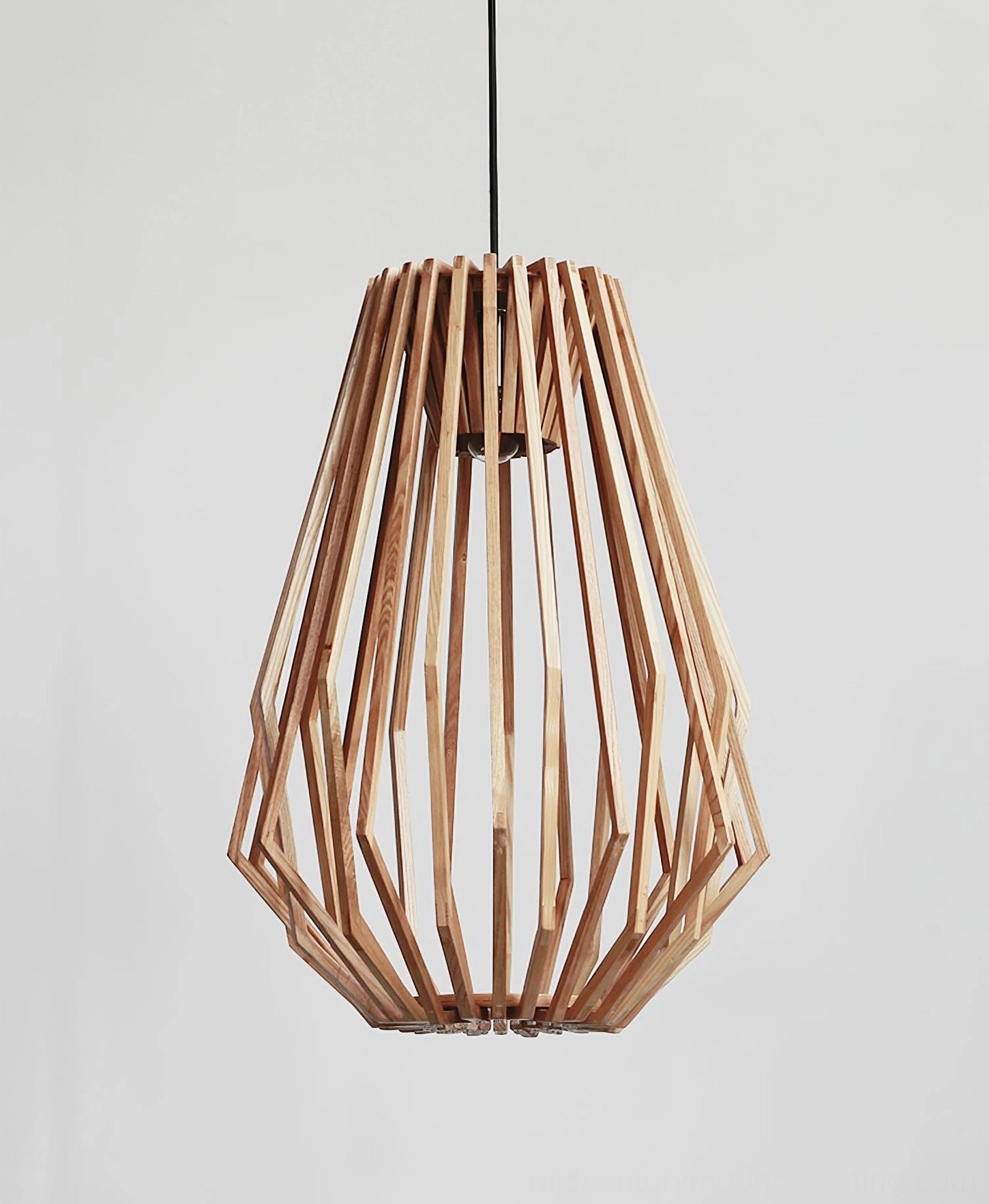 Symmetrical wooden cage pendant light fixture showcasing geometric slat pattern and natural wood aesthetic
