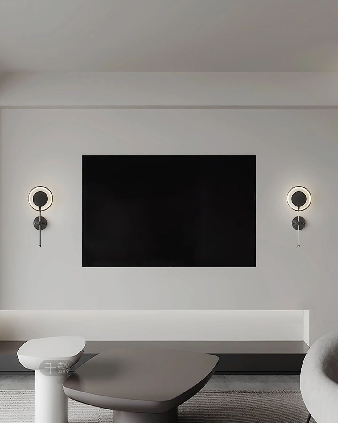 Wide angle view of matching LED ring wall lamps flanking TV wall in contemporary living room