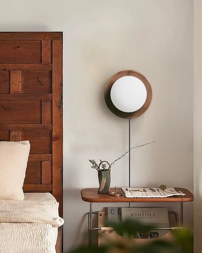 Tablet wooden wall lamp with brass hardware details in modern interior design setting