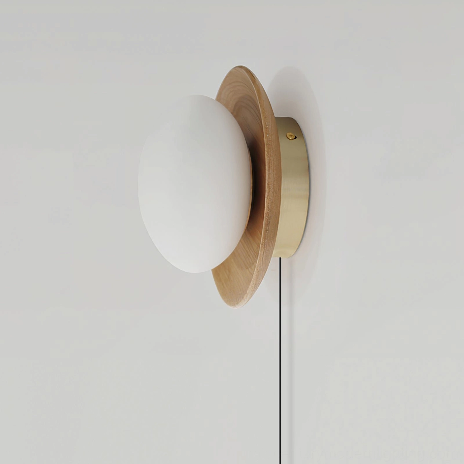 Tablet wooden wall lamp showing half-moon backing plate and globe design in modern home interior