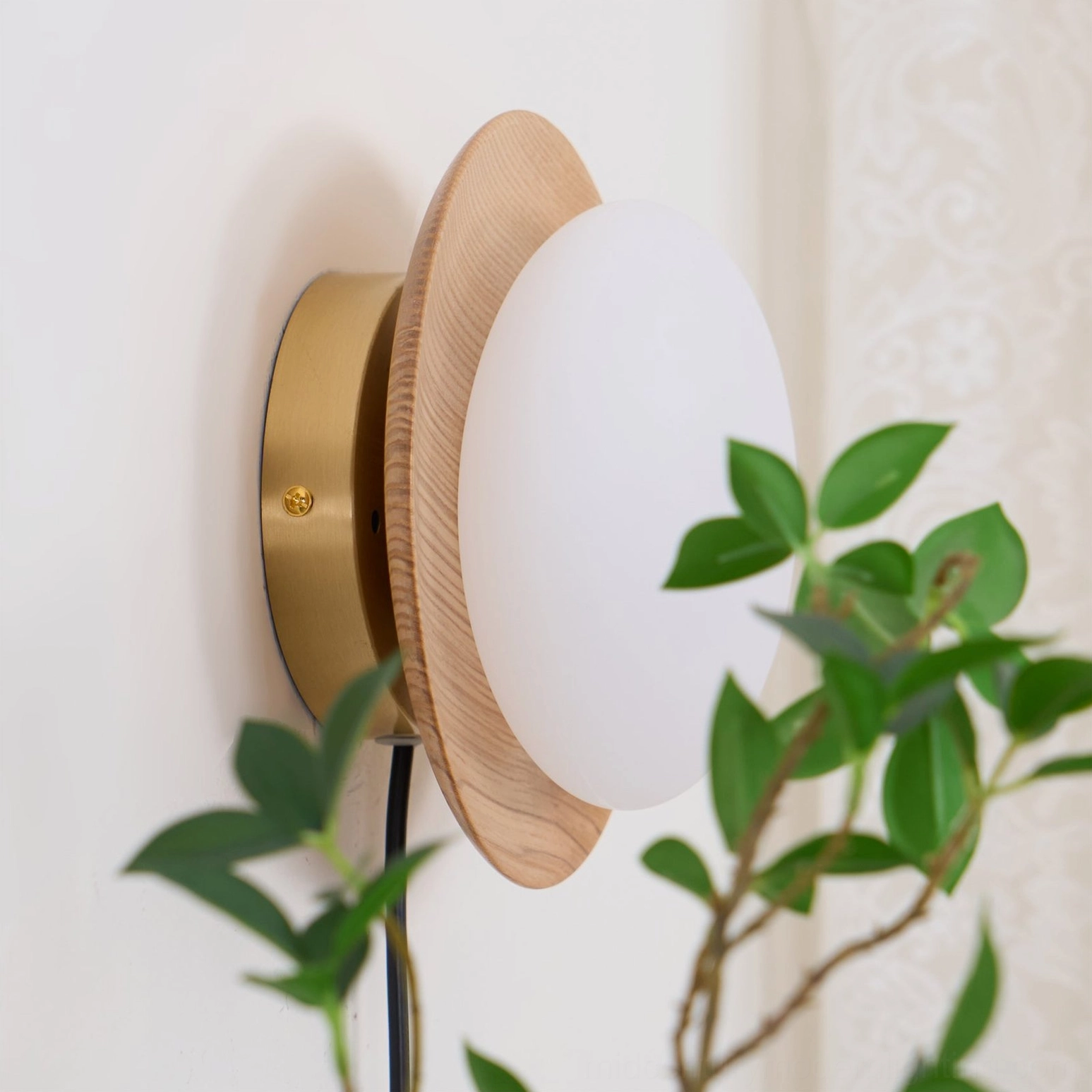 Side rear view of Tablet wall lamp showing brass screw mounting base and plug-in design against lace curtain background