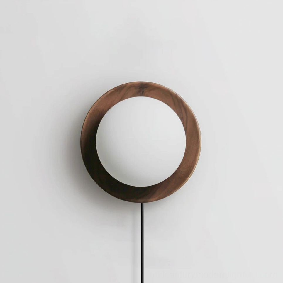 Tablet wall lamp in walnut color finish with white plastic lampshade and brass mounting base