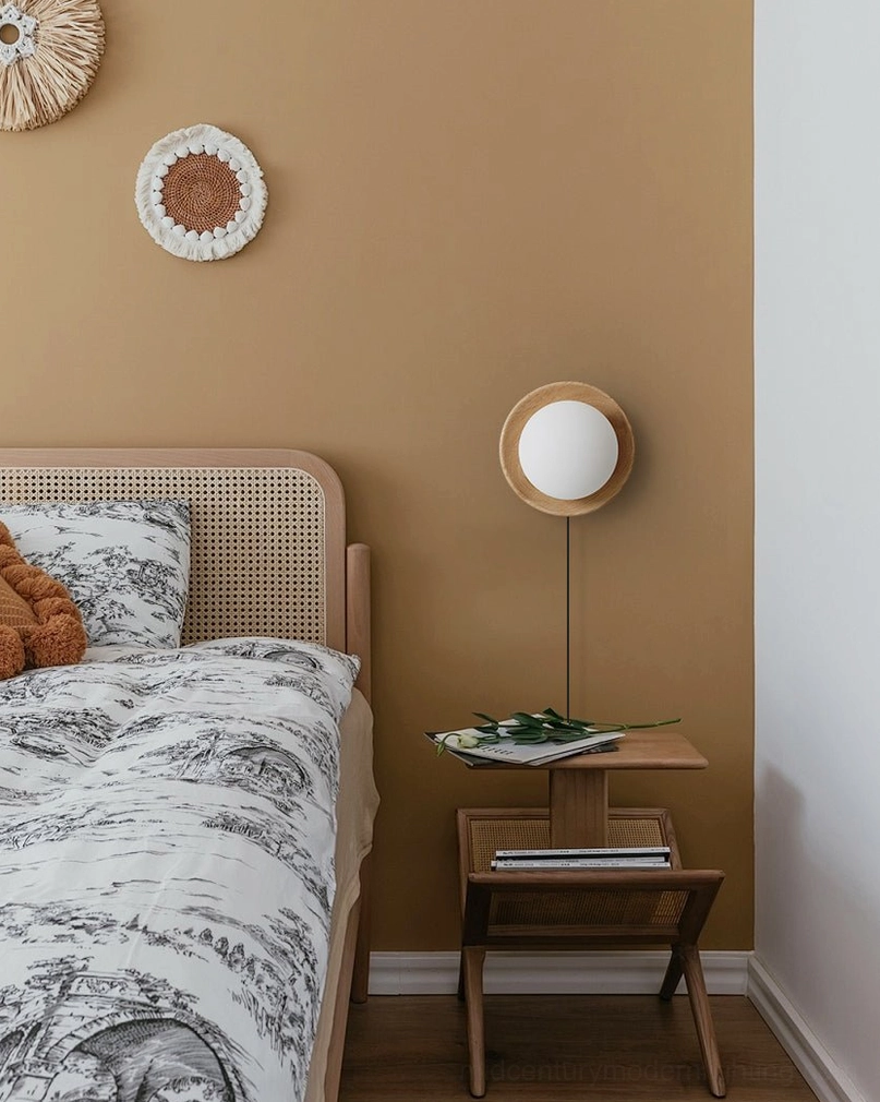 Tablet lamp with natural wood finish and frosted glass diffuser demonstrating warm ambient lighting capability