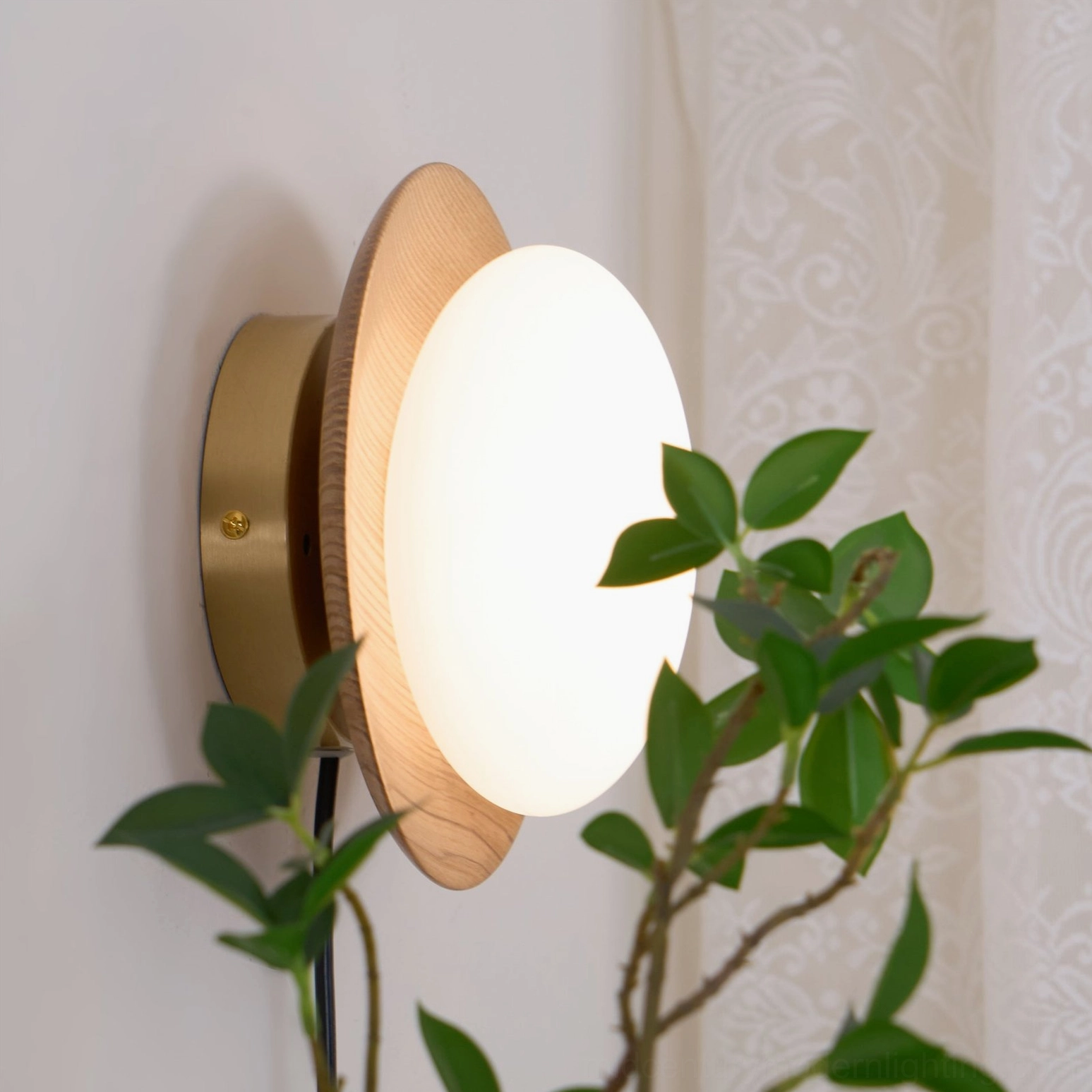 Illuminated Tablet wall lamp emitting warm light with brass base visible against indoor wall with lace curtain and foliage