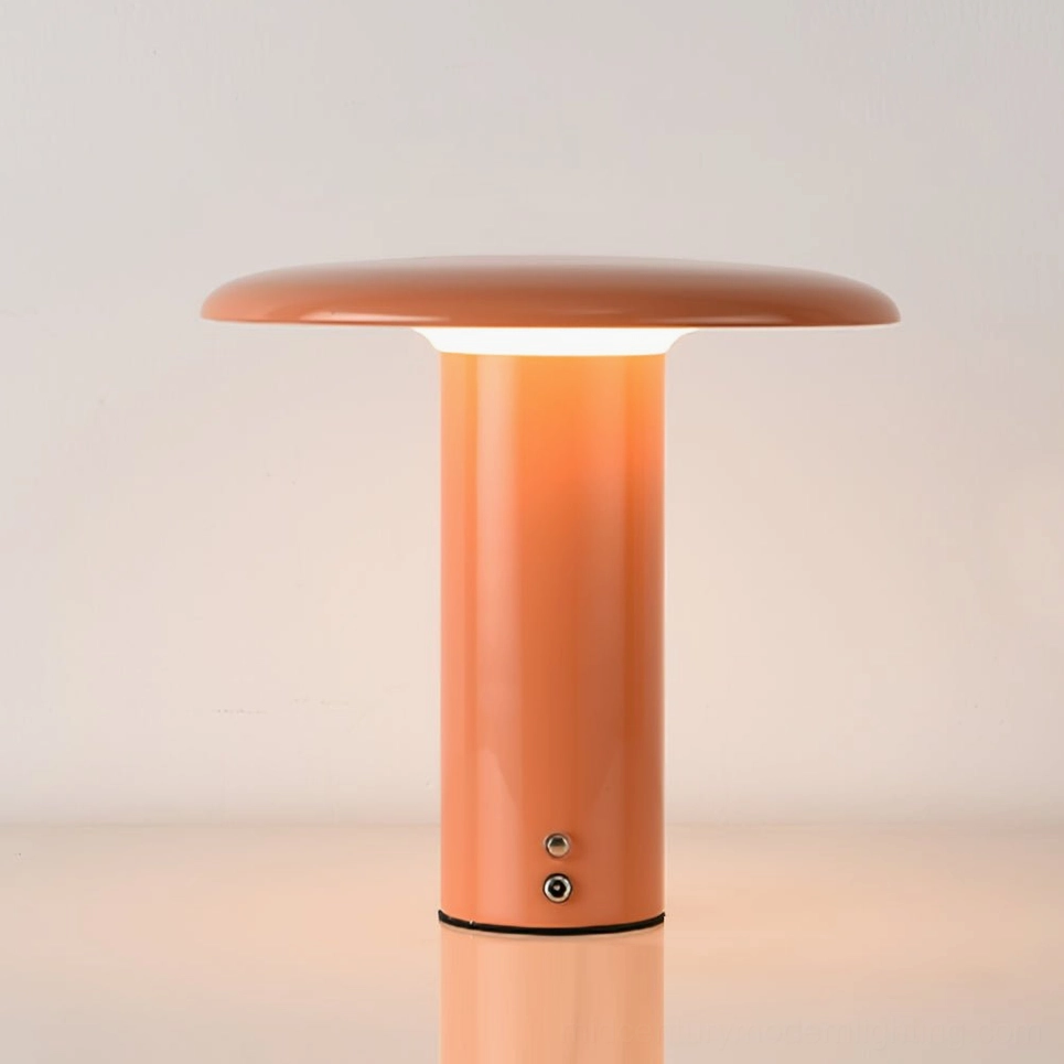 Takku beige red cordless mushroom table lamp front angle with USB charging cable included
