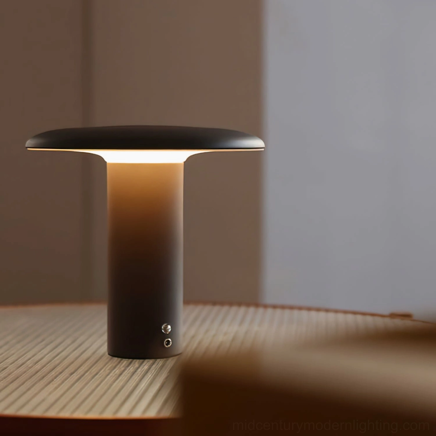 Takku black illuminated cordless mushroom lamp close-up showing visible touch control base buttons
