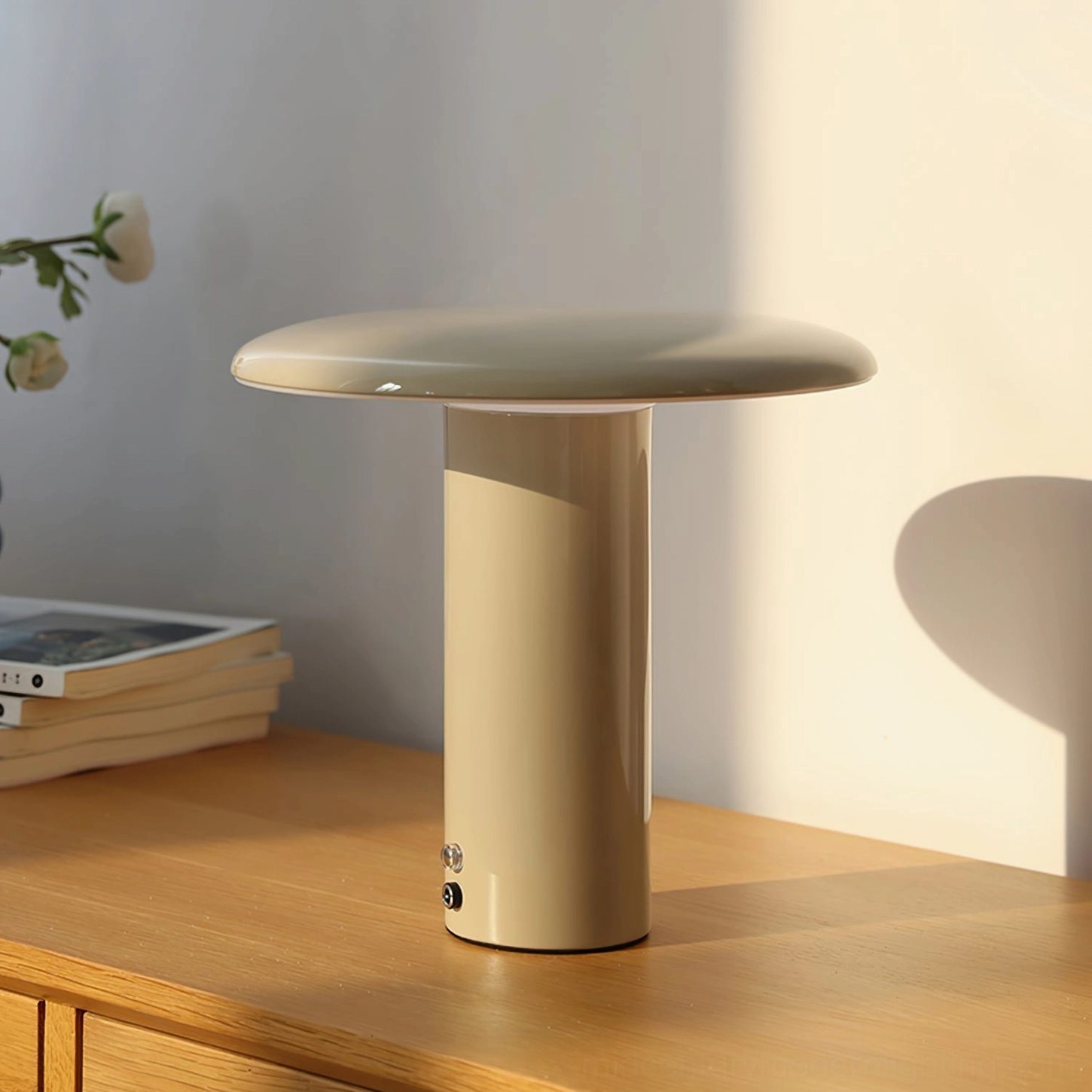 Takku portable mushroom table lamp styled on home wooden desk with natural sunlight and decorative accessories