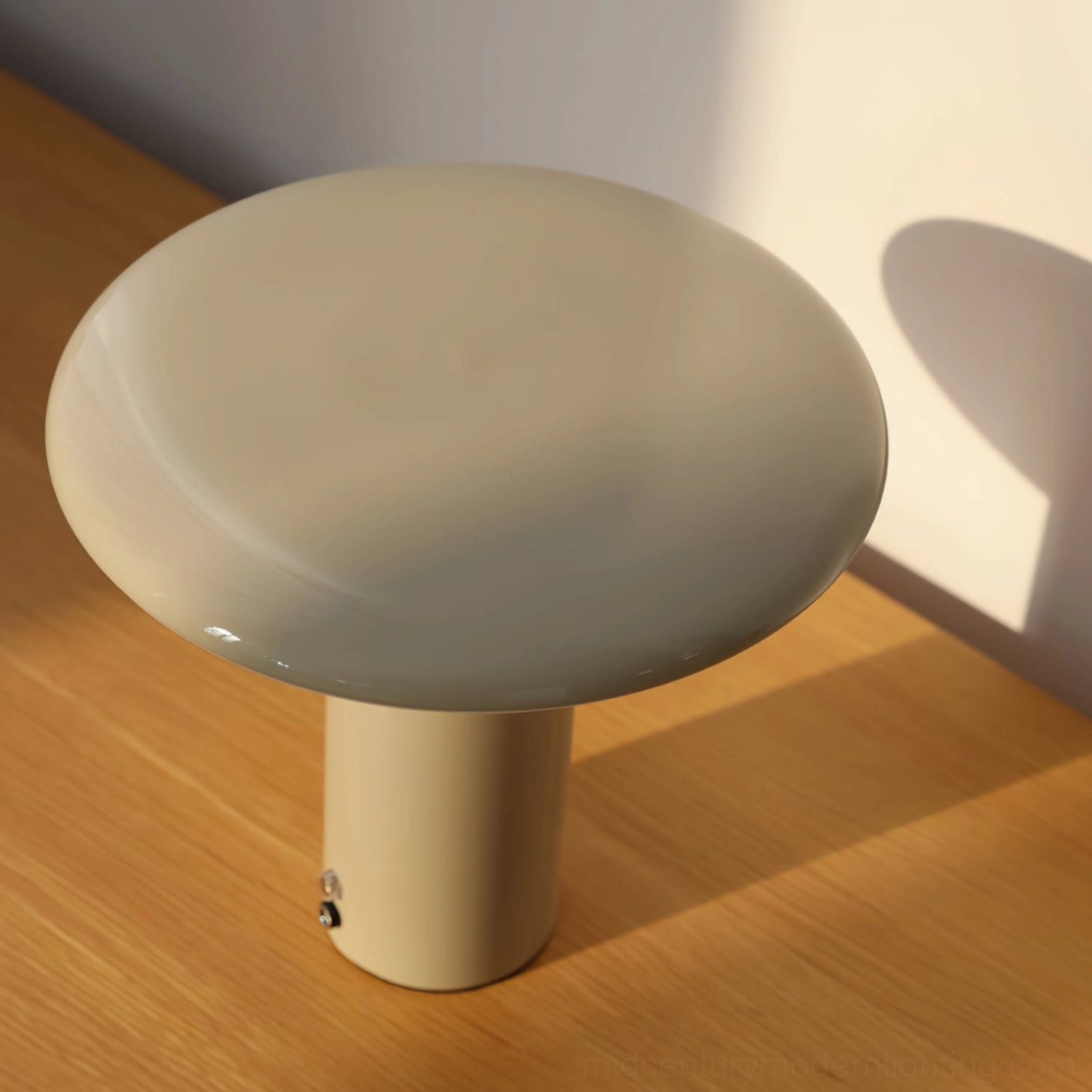 Takku mushroom lamp shade close-up detail on wooden desktop showing warm beige matte finish and hardware