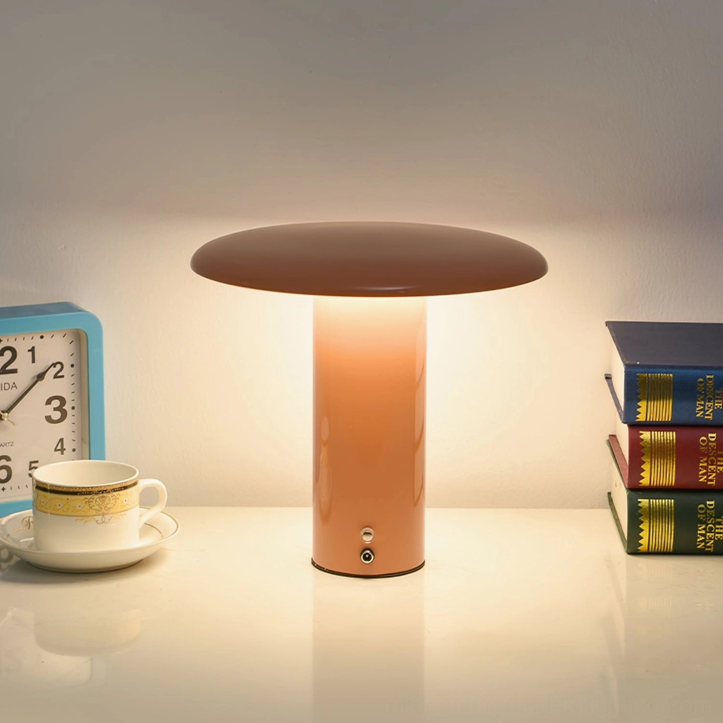 Takku cordless rechargeable mushroom table lamp showing integrated LED warm white light quality and design