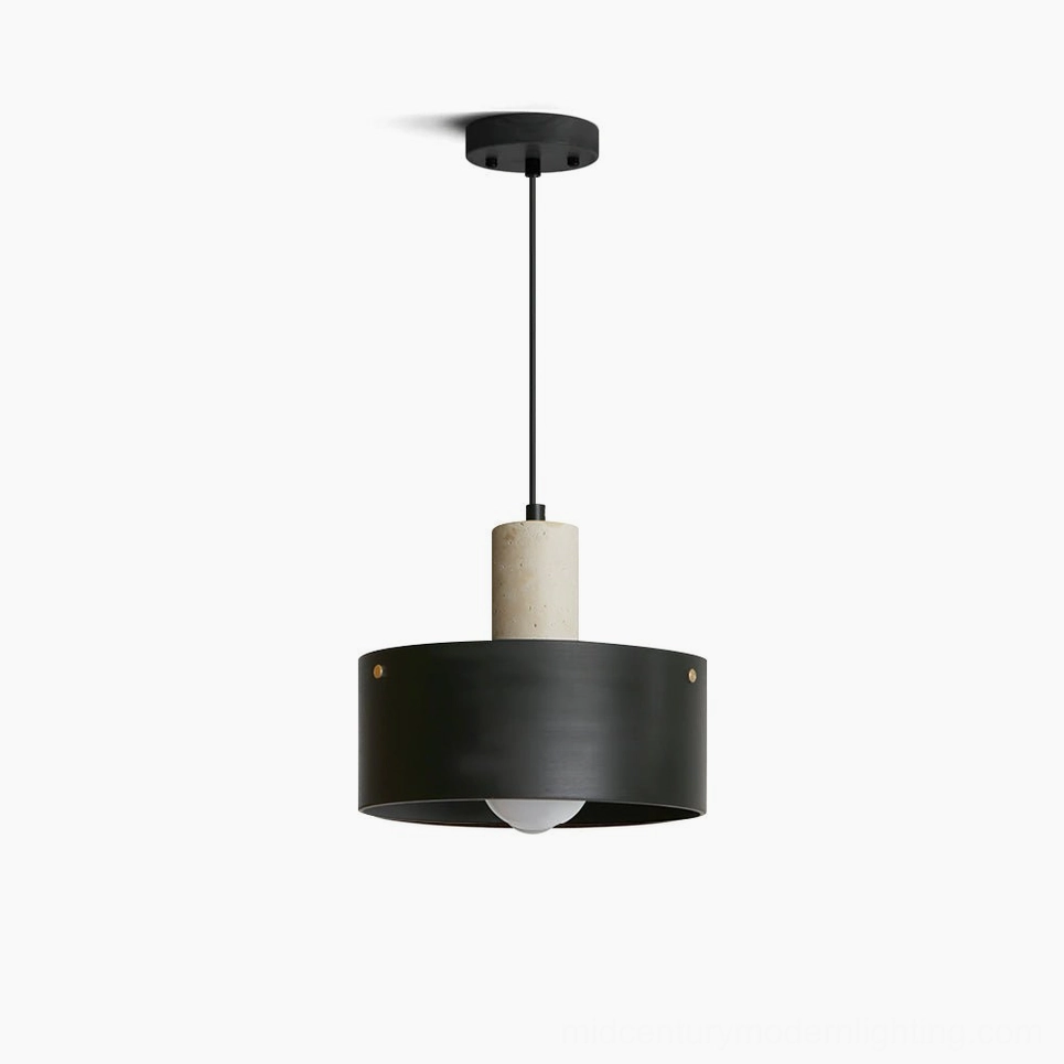 Tako travertine and wood pendant lamp front view with matte black and beige finish on white background