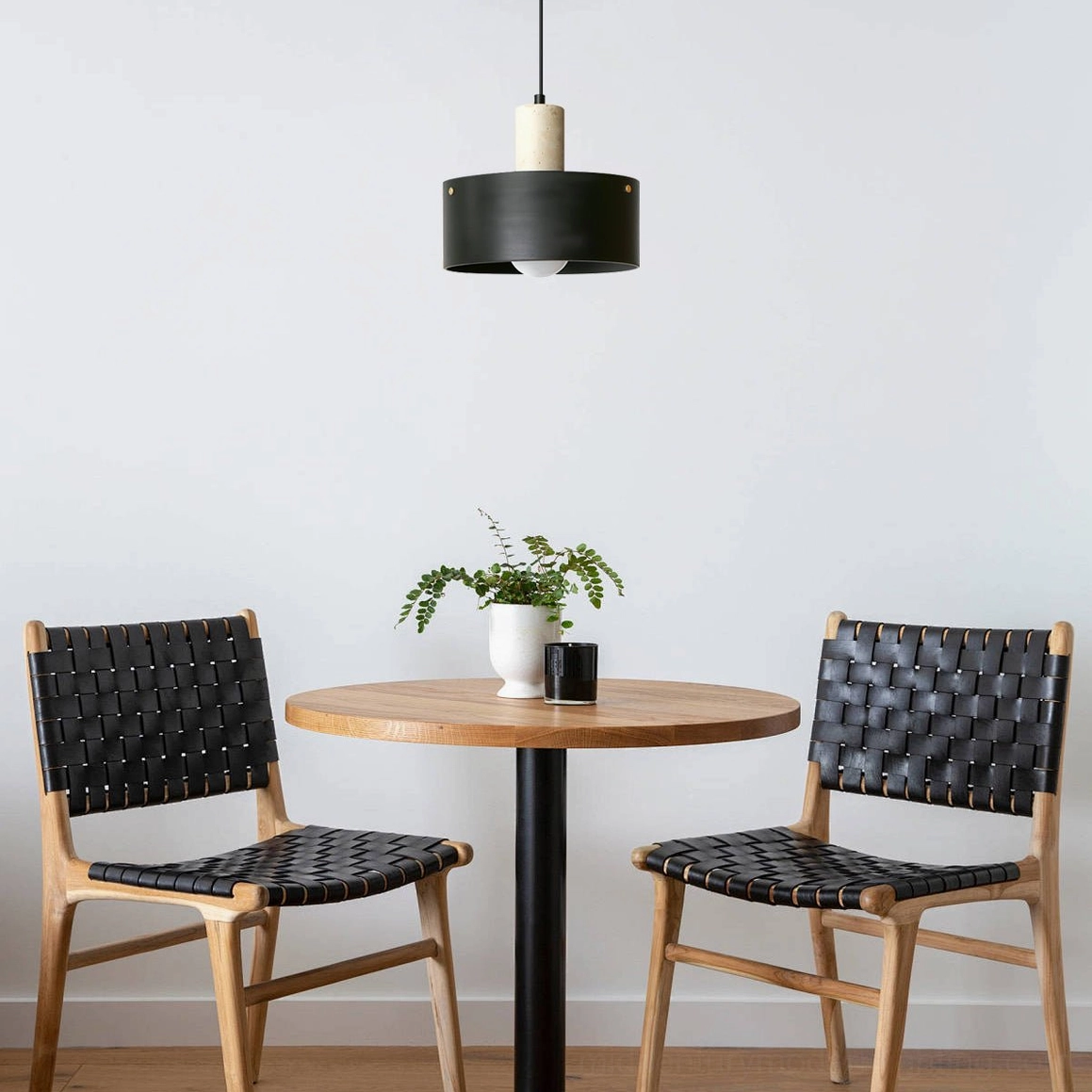 Tako mid-century modern pendant lamp in contemporary dining space with minimalist furnishings