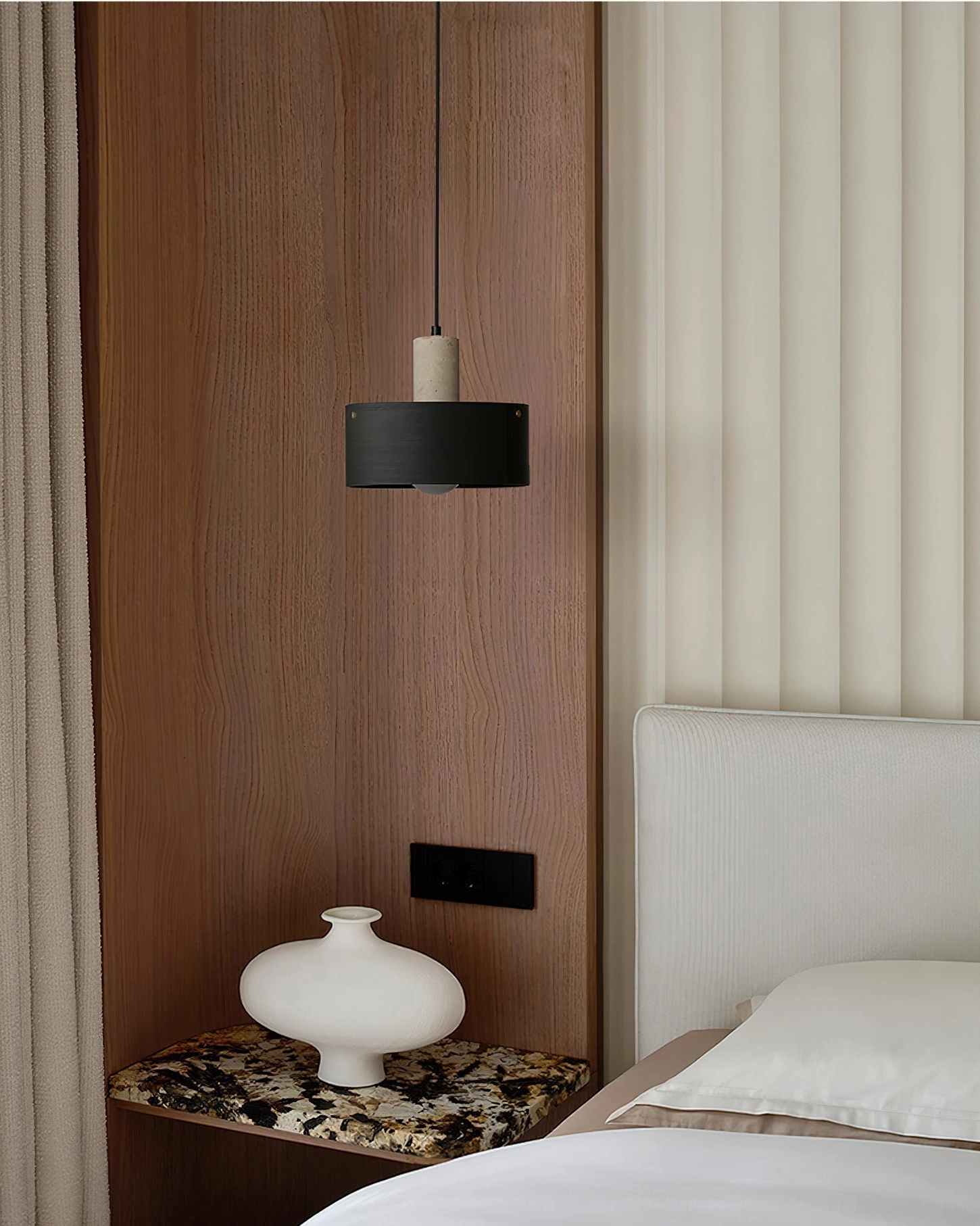 Walnut and beige Tako pendant lamp warm tone variant in transitional home interior