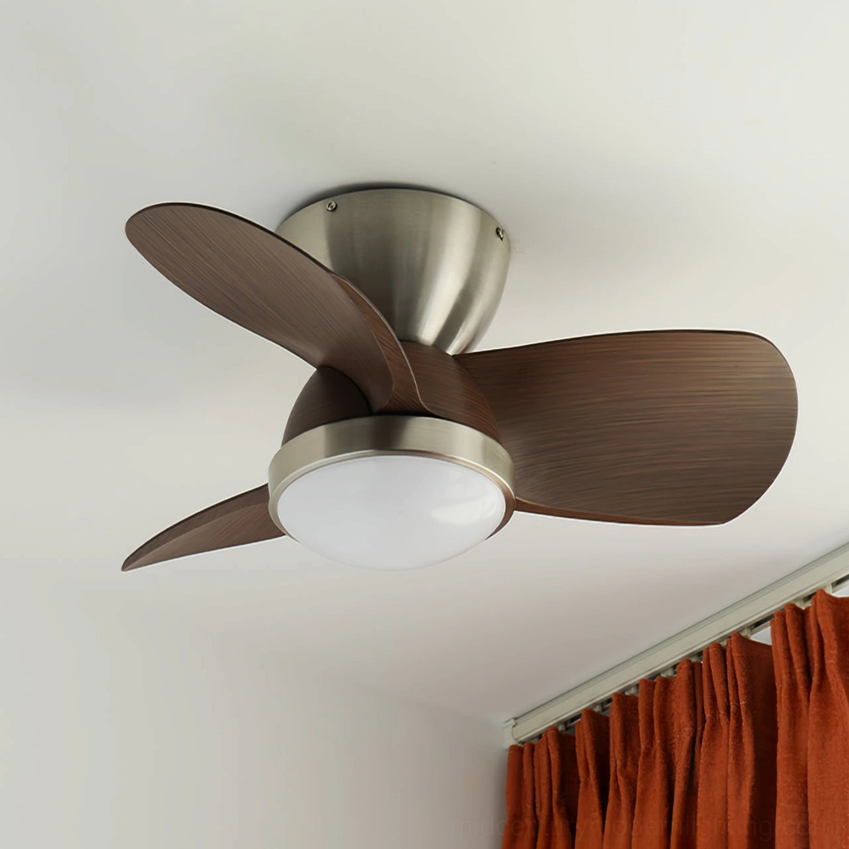 Talaya flush mount ceiling fan with warm white integrated LED in contemporary home interior