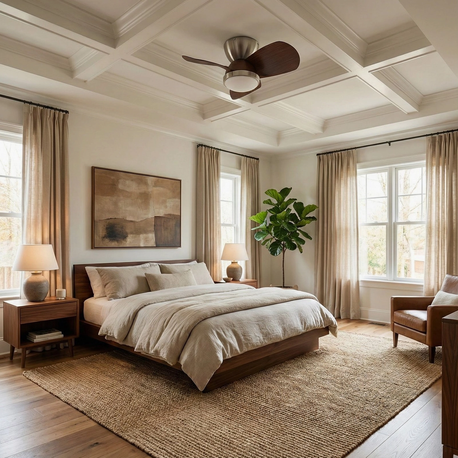Talaya integrated LED ceiling fan in bedroom with coffered ceiling and earth-toned decorative accents