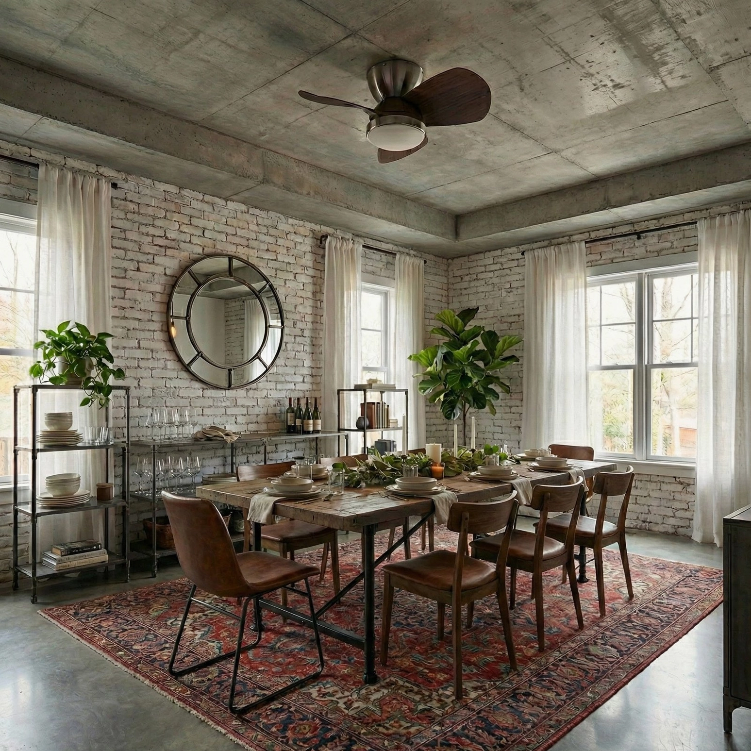Talaya ceiling fan with LED light installed in industrial rustic dining room with brick wall and farmhouse style