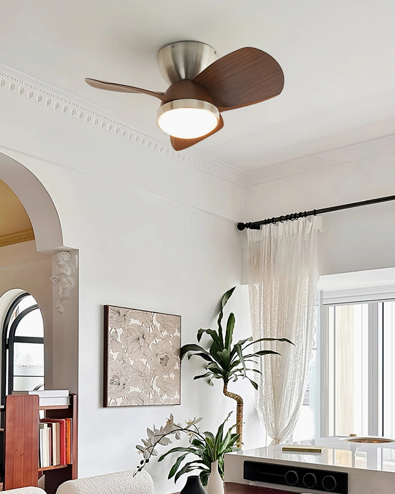 Talaya modern ceiling fan light in minimalist home office reading area with neutral white LED setting