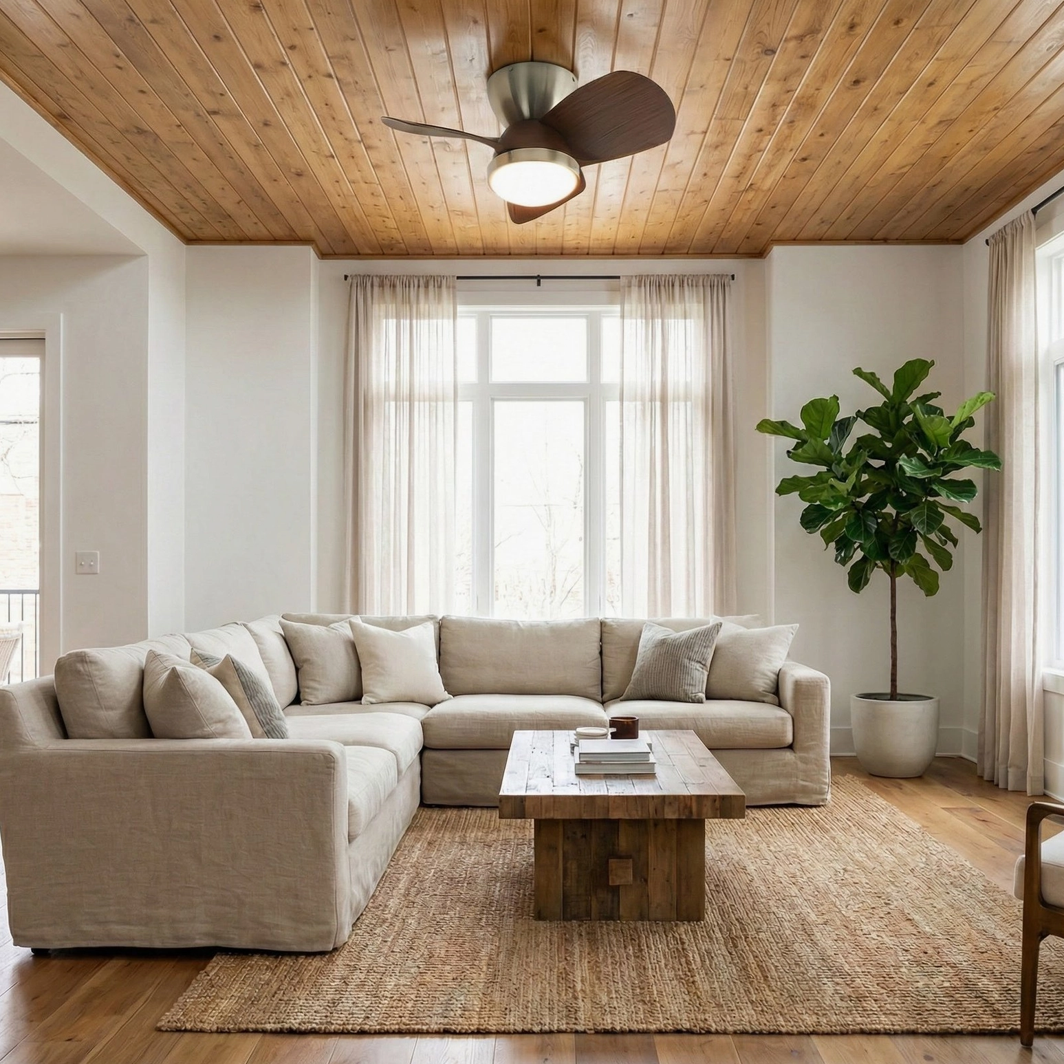 Talaya ceiling fan light with three-color LED mounted in contemporary living room with wooden ceiling