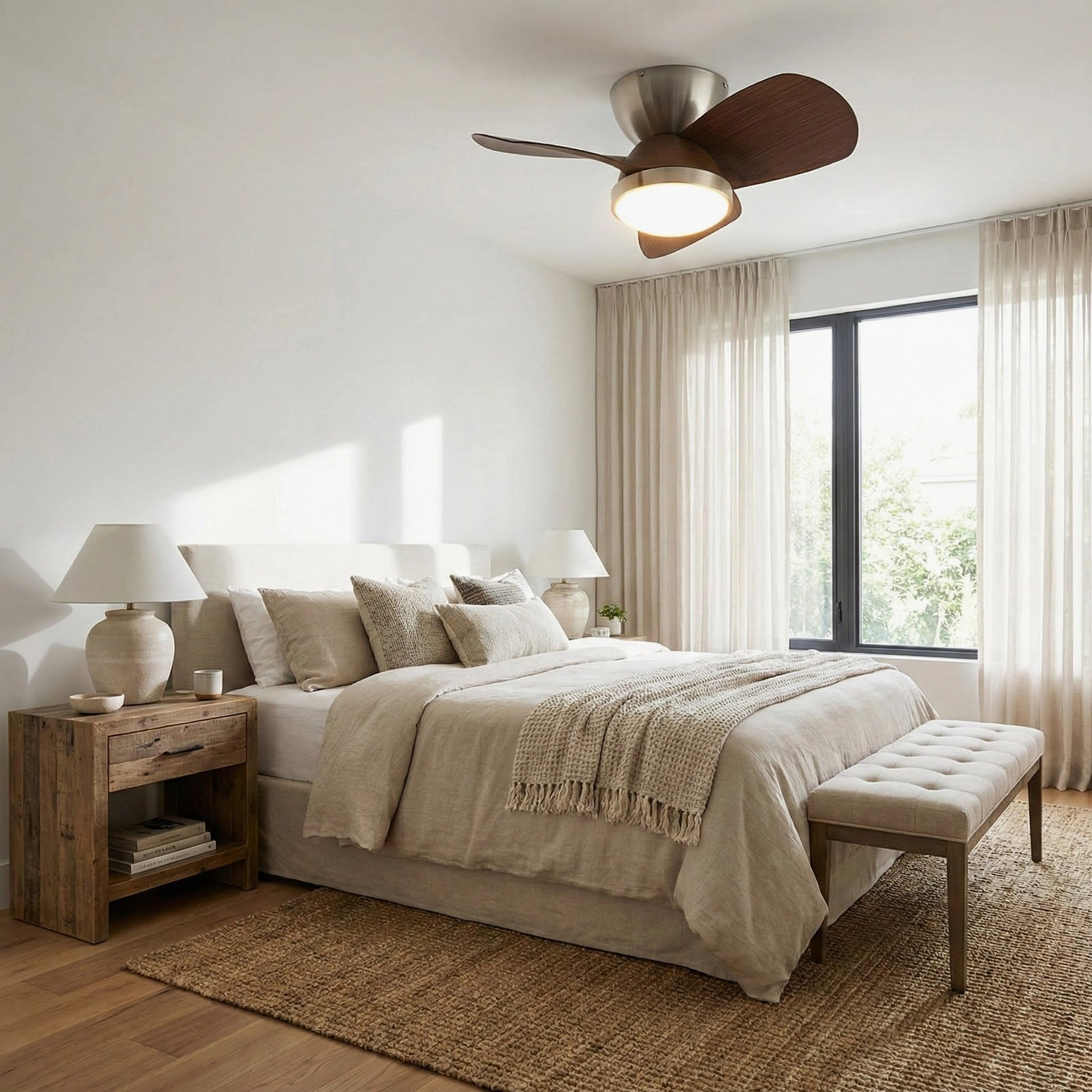 Talaya modern ceiling fan light in cozy master bedroom with large windows and neutral warm interior design