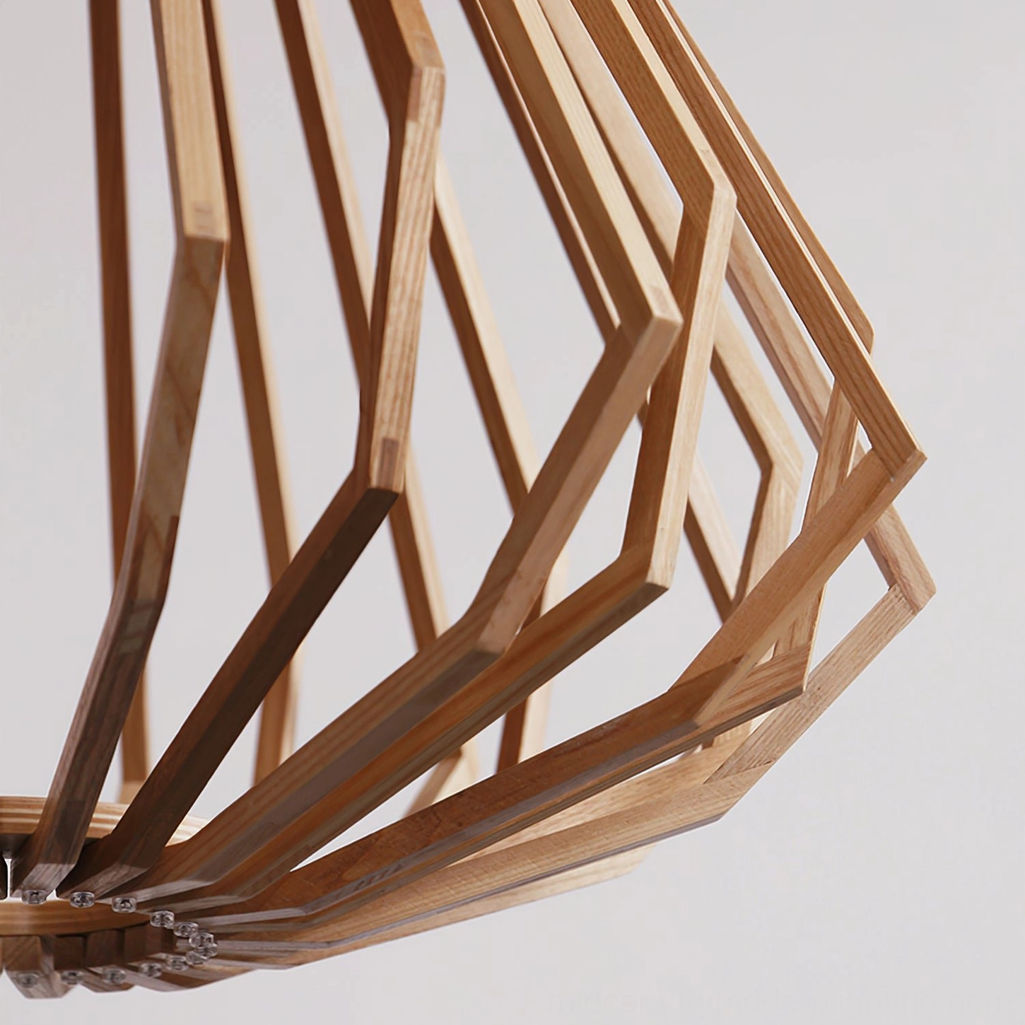 Tapered natural wood cage pendant light featuring geometric slat construction and mid-century modern aesthetic