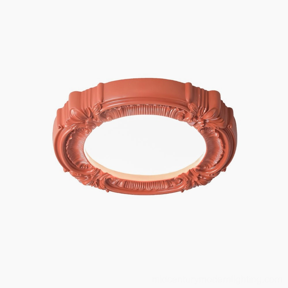 Terracotta retro carved ceiling lamp close-up of floral relief pattern and artistic details