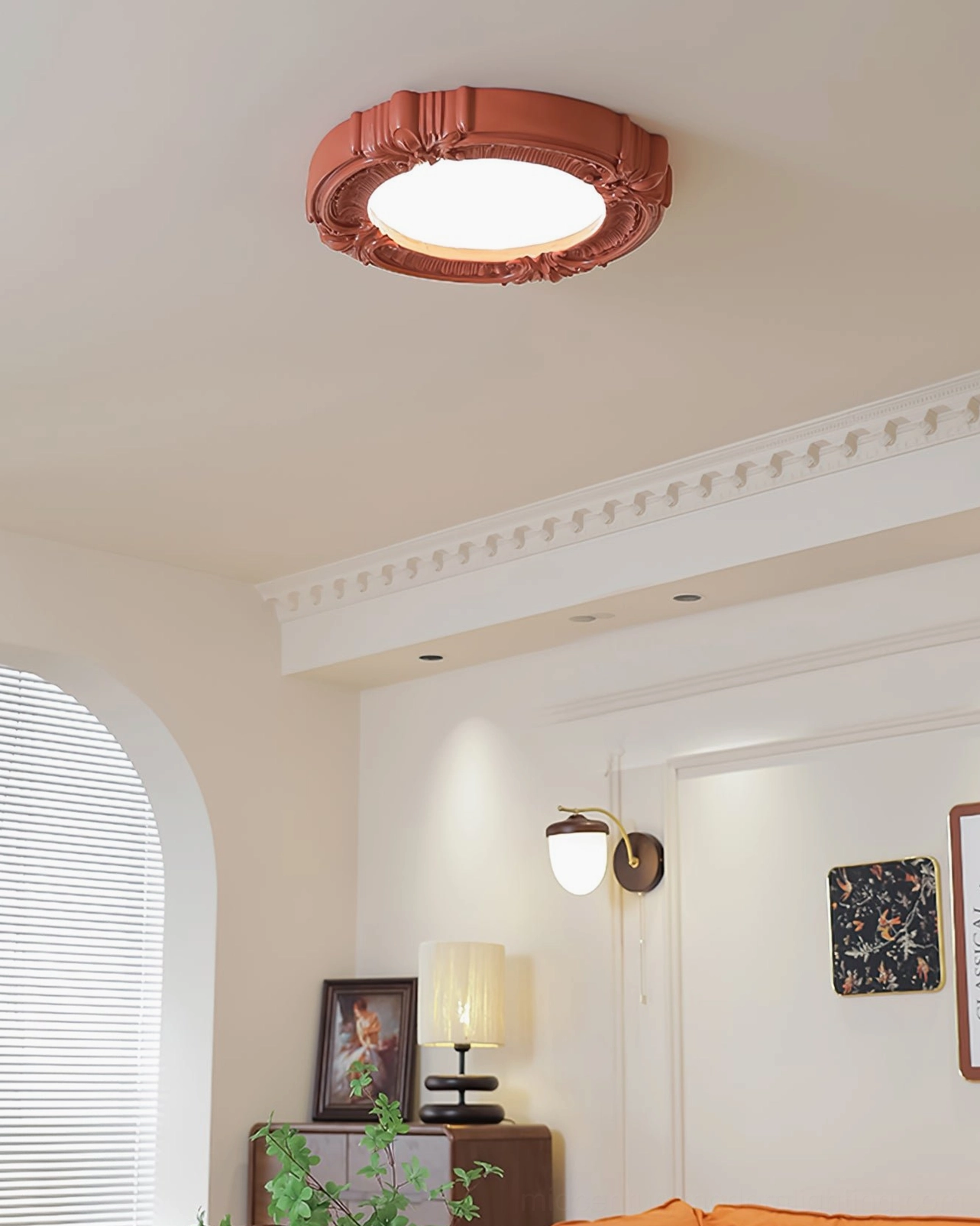 Terracotta retro carved ceiling lamp mounted in minimalist vintage living space with warm glow