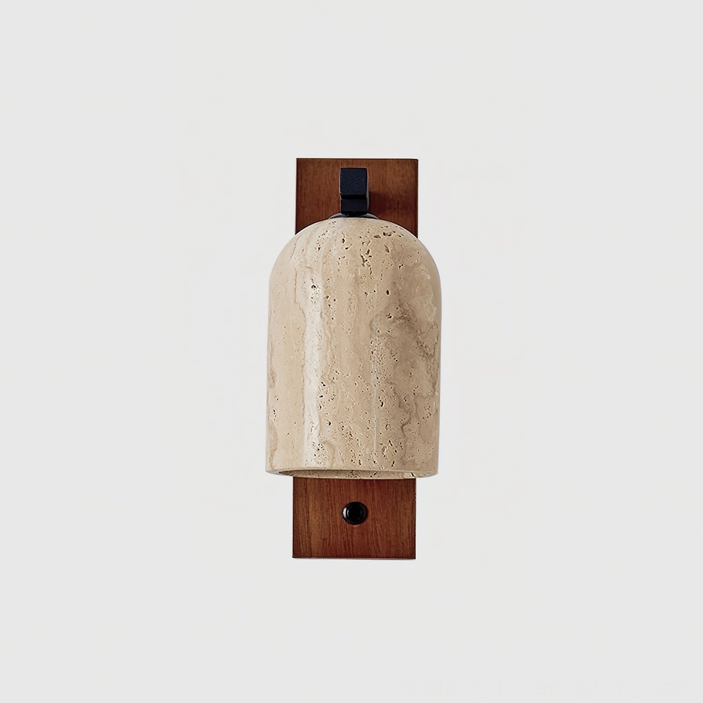 Tersus travertine wall light mounted on interior wall showing compact mid-century modern proportions
