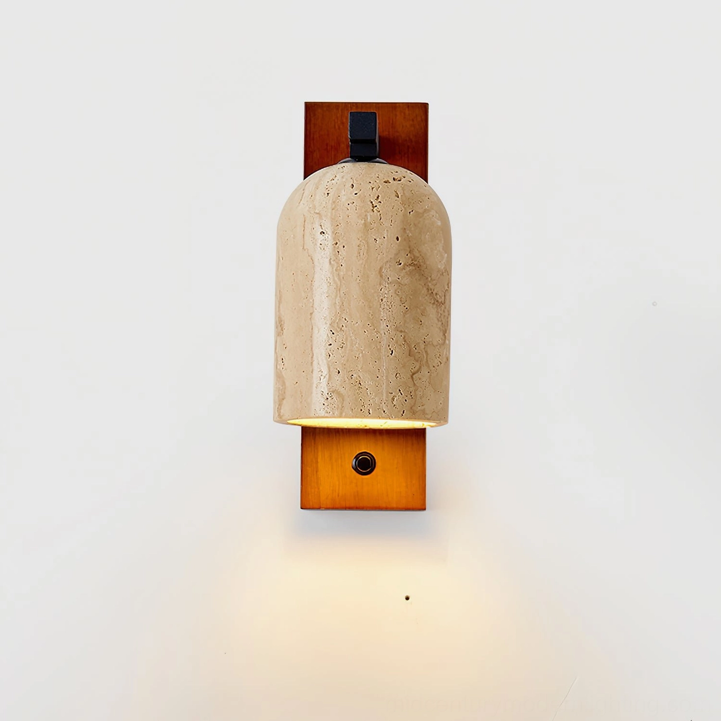 Tersus wall sconce architectural detail showing natural travertine stone and wood construction